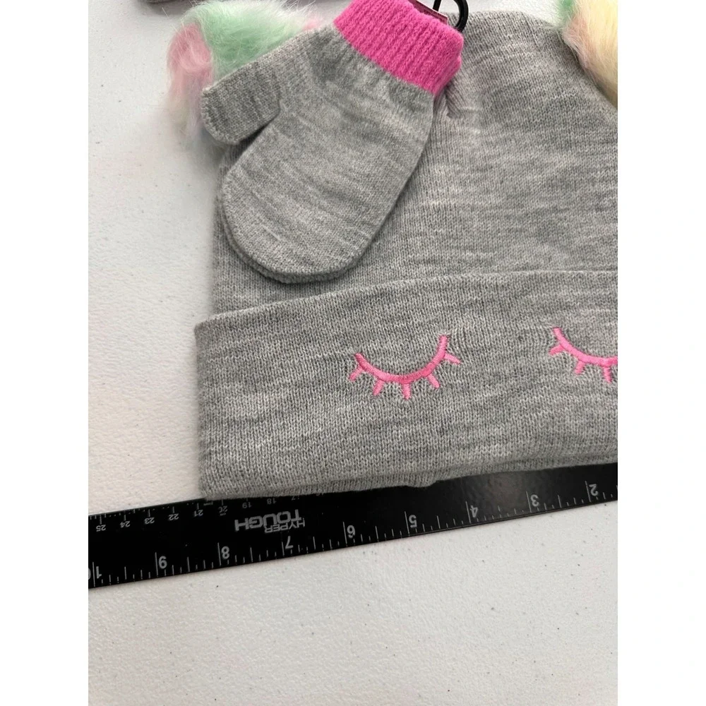Cute Gray Knit Beanie & Mittens Set With Multicolor Pom Poms Girls Winter‎ Hat